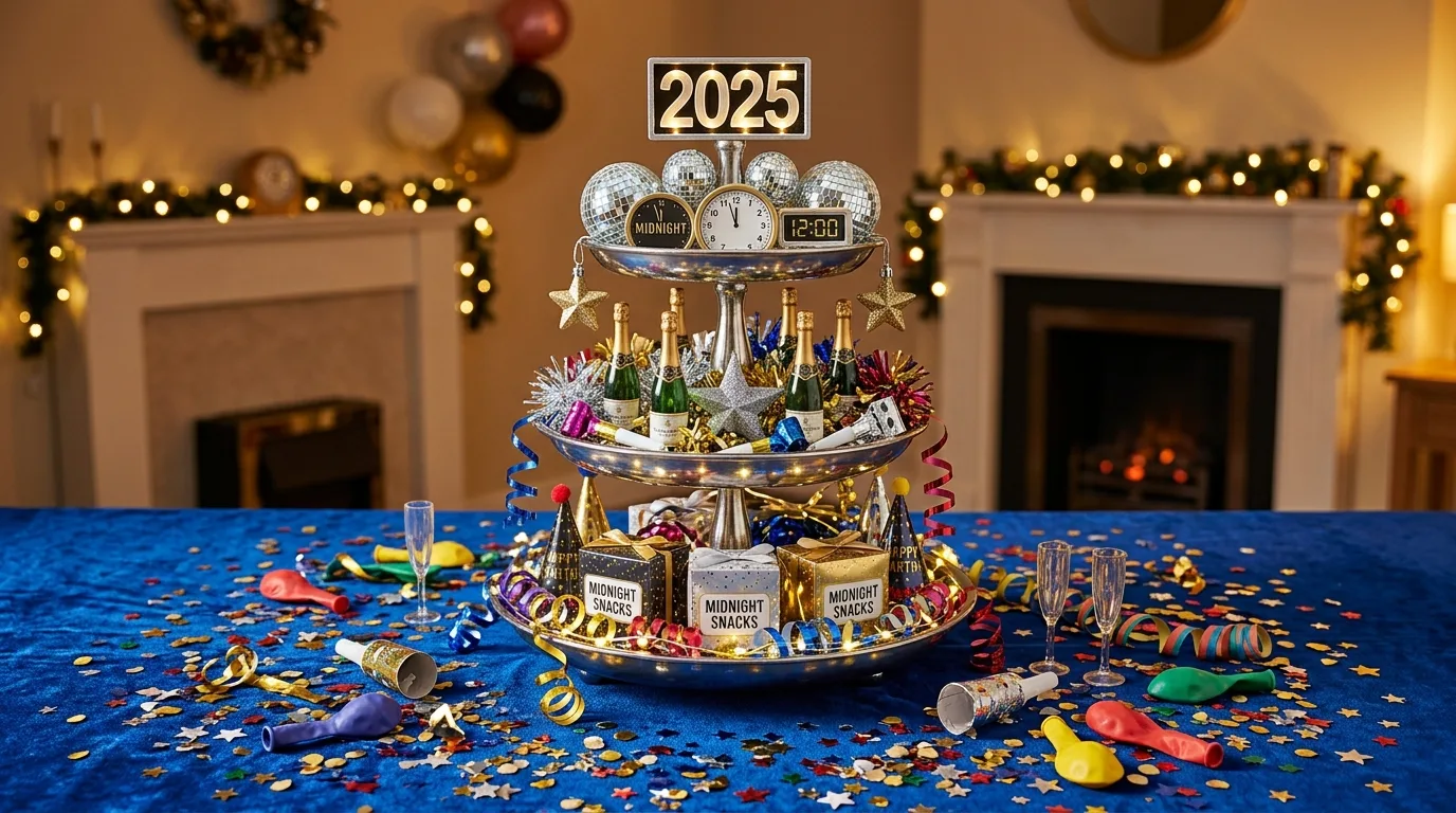 Tiered tray with confetti-themed New Year's decor